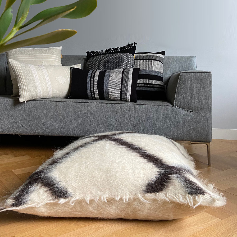 Malagoon floor cushion Cross - off-white, black motif - 90x90cm 100% wool